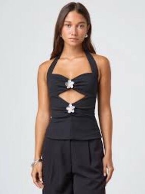 Glassons Black Floral Hardware Halter Top AU 10 US 6